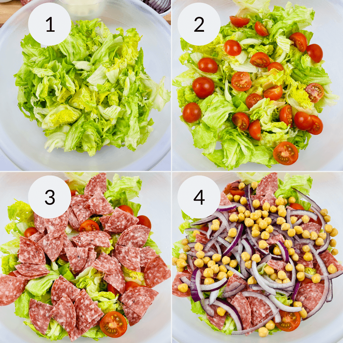 Four pictures illustrating the preparation of an Italian Chopped Salad with meat, tomatoes, and chickpeas.