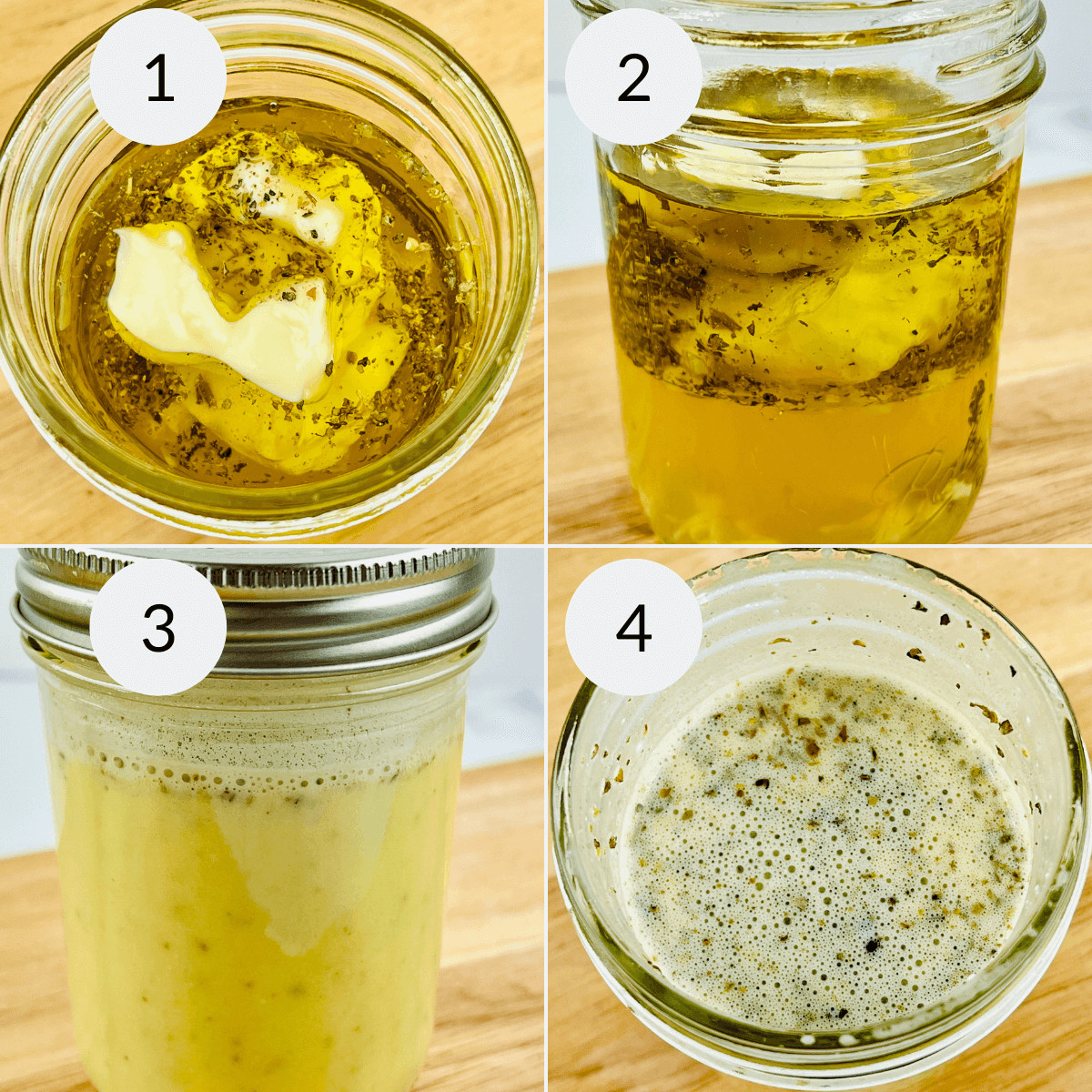 A series of photos showing how to make dressing in a mason jar.