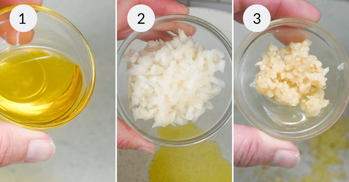 Image showing three steps: 1) a hand holding a bowl of oil, 2) the same bowl with chopped onions, 3) the onions turned into a paste for Mexican black beans.