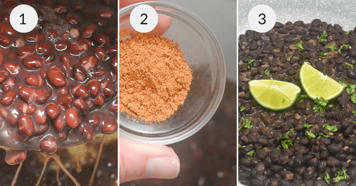 1. close-up of soaked kidney beans in water.
2. hand holding a dish of ground spices.
3. cooked Mexican black beans garnished with lime wedges and chopped parsley.
