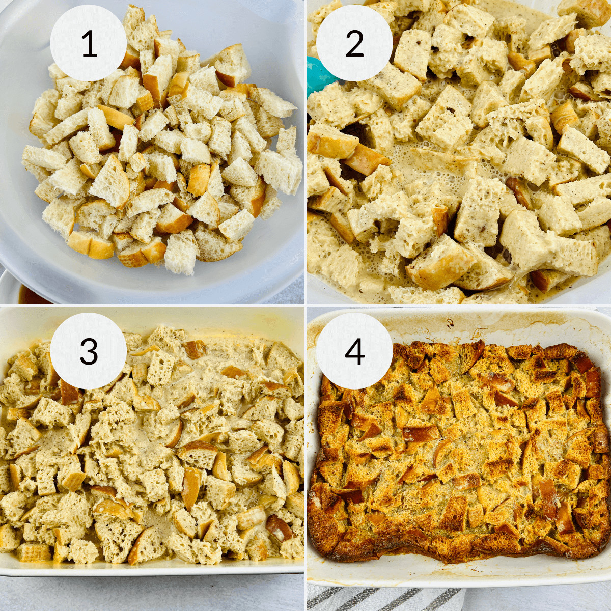 Step-by-step progression of making a bread pudding with vanilla sauce, from raw ingredients to finished dish.