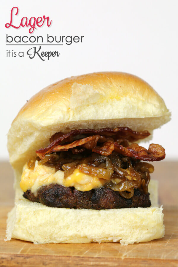 Lager Bacon Burger - this grilled burger recipe, topped with beer cheese and caramelized onions will have you begging for more