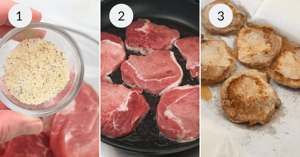 Step-by-step cooking process: seasoning pork chops, frying in a skillet, and achieving a golden-brown sear with mushroom gravy.