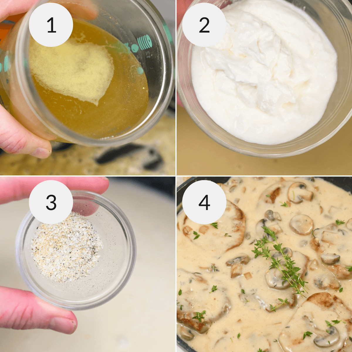 Four-step cooking process showing ingredients being mixed for a creamy mushroom gravy recipe for pork chops.