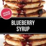 A stack of pancakes topped with homemade blueberry syrup. A label on the image reads "Home Made." Text in the center says "Blueberry Syrup.