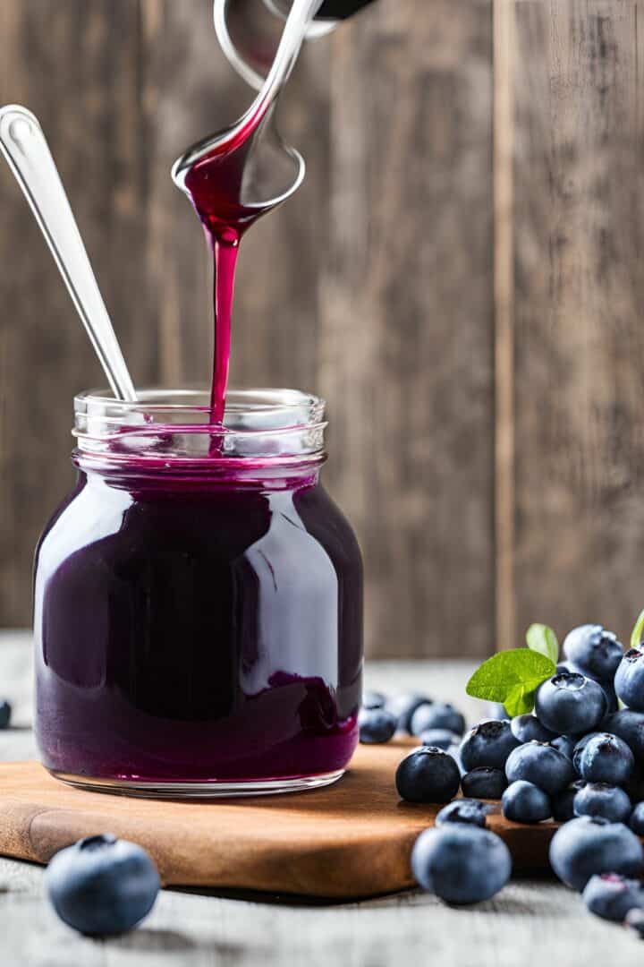 A jar of rich blueberry syrup being poured with a ladle, surrounded by fresh blueberries on a rustic wooden surface.
