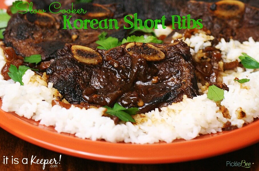 Slow Cooker Korean Short Ribs with white rice on a orange plate.  