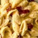 Shell pasta coated in creamy cheese sauce with pieces of crispy bacon, this Bacon Mac and Cheese is served in a white dish.