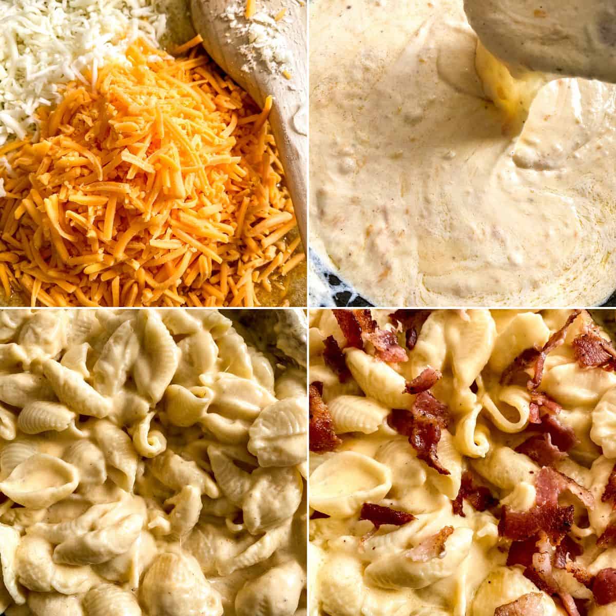 A collage of food featuring mouthwatering Bacon Mac and Cheese.
