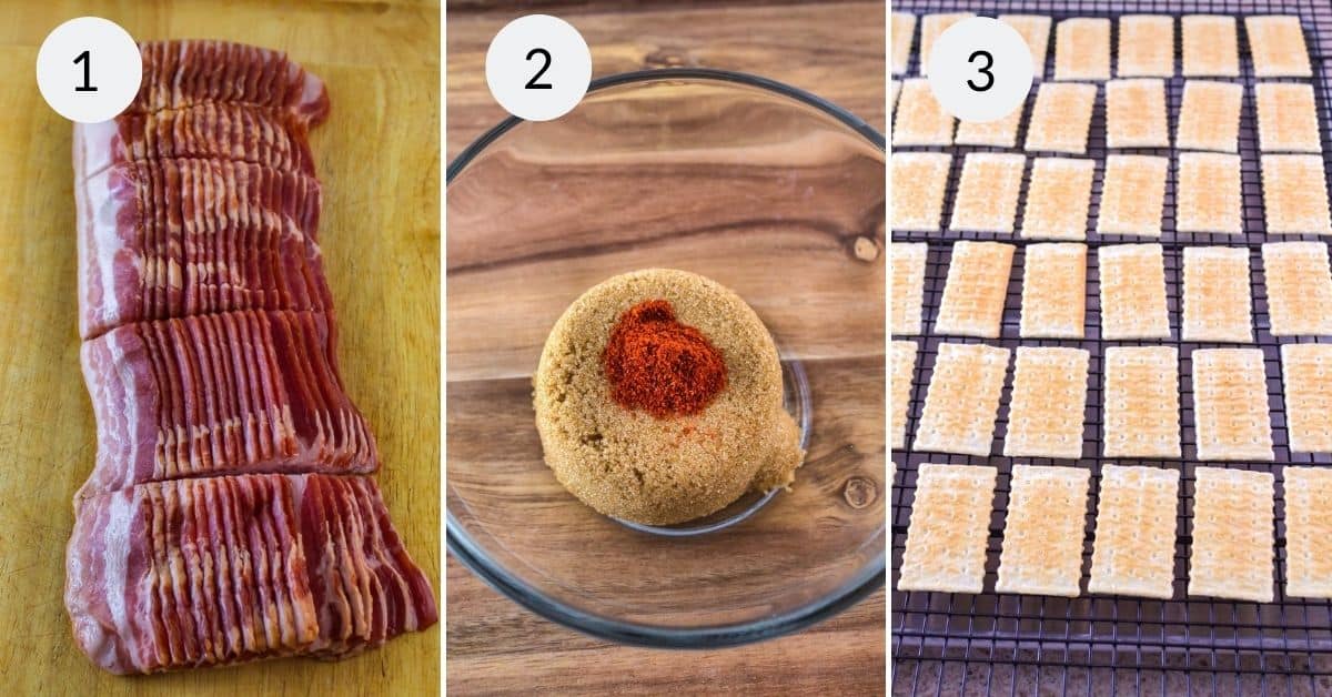 Arranging the bacon and crackers.