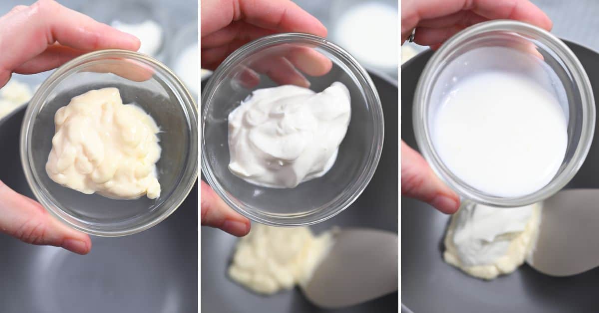 Three side-by-side images show hands holding bowls of mayonnaise, sour cream, and milk above a mixing bowl—key ingredients for crafting a classic Iceberg Wedge Salad dressing.