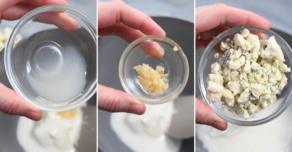 Three side-by-side images show hands holding small bowls containing lemon juice, minced garlic, and crumbled blue cheese above a mixing bowl, capturing the essential ingredients.