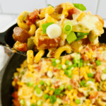 A spoon is holding a skillet full of kielbasa and pasta.