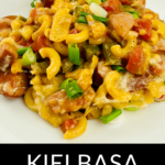 Delicious kielbasa pasta skillet served on a plate.