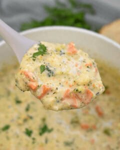 A spoonful of the broccoli cauliflower soup.