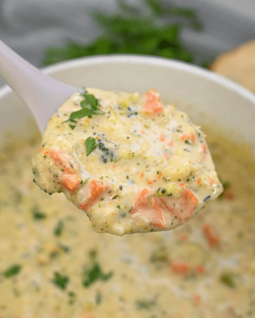 A spoonful of the broccoli cauliflower soup.
