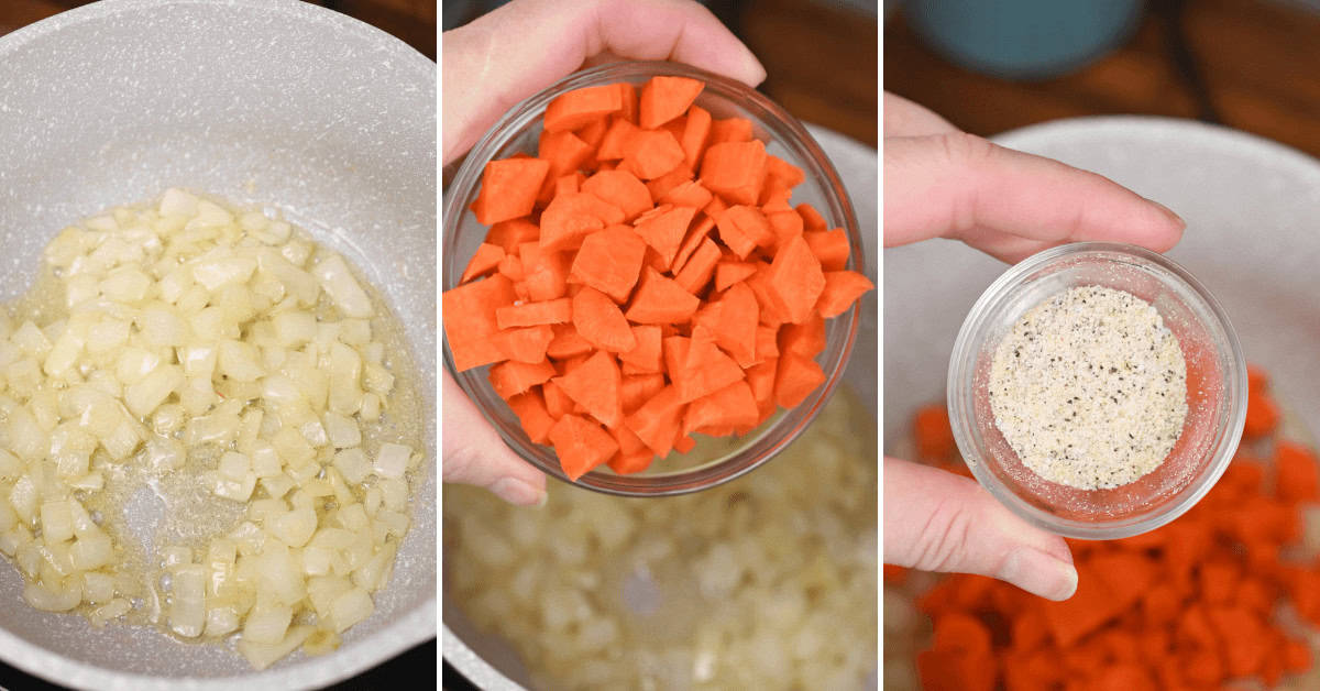 Adding the vegetables to the pot.