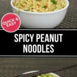 A bowl of spicy peanut noodles with chopsticks lifting noodles, labeled "quick & easy." The dish is garnished with herbs, set on a woven mat.