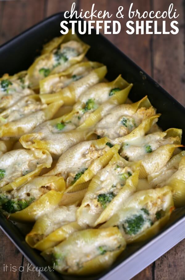 Easy Chicken and Broccoli Alfredo Stuffed Shells – a quick recipe that you can make ahead