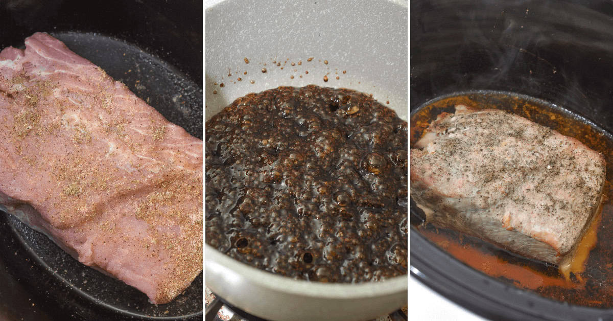 Three stages of cooking pork tenderloin in a crock pot: raw seasoned pork, bubbling sauce in a pan, and cooked pork in a dish.
