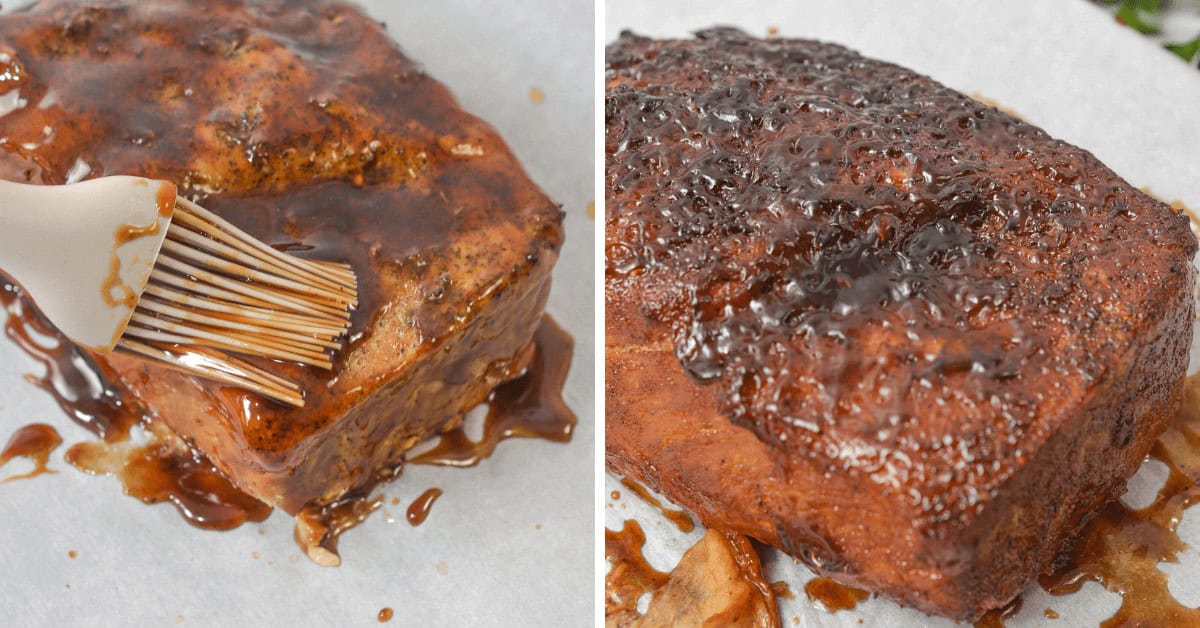 Two images capture the transformation of a loaf being brushed with a rich, dark glaze. On the left, a delicate brush applies the glaze with the precision akin to preparing pork tenderloin in a crock pot. The right image reveals the fully glazed masterpiece resting on parchment paper.
