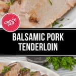 Close-up of sliced tenderloin garnished with parsley on a white plate.