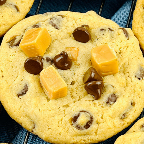 Caramel Chocolate Chip Cookies in close up.