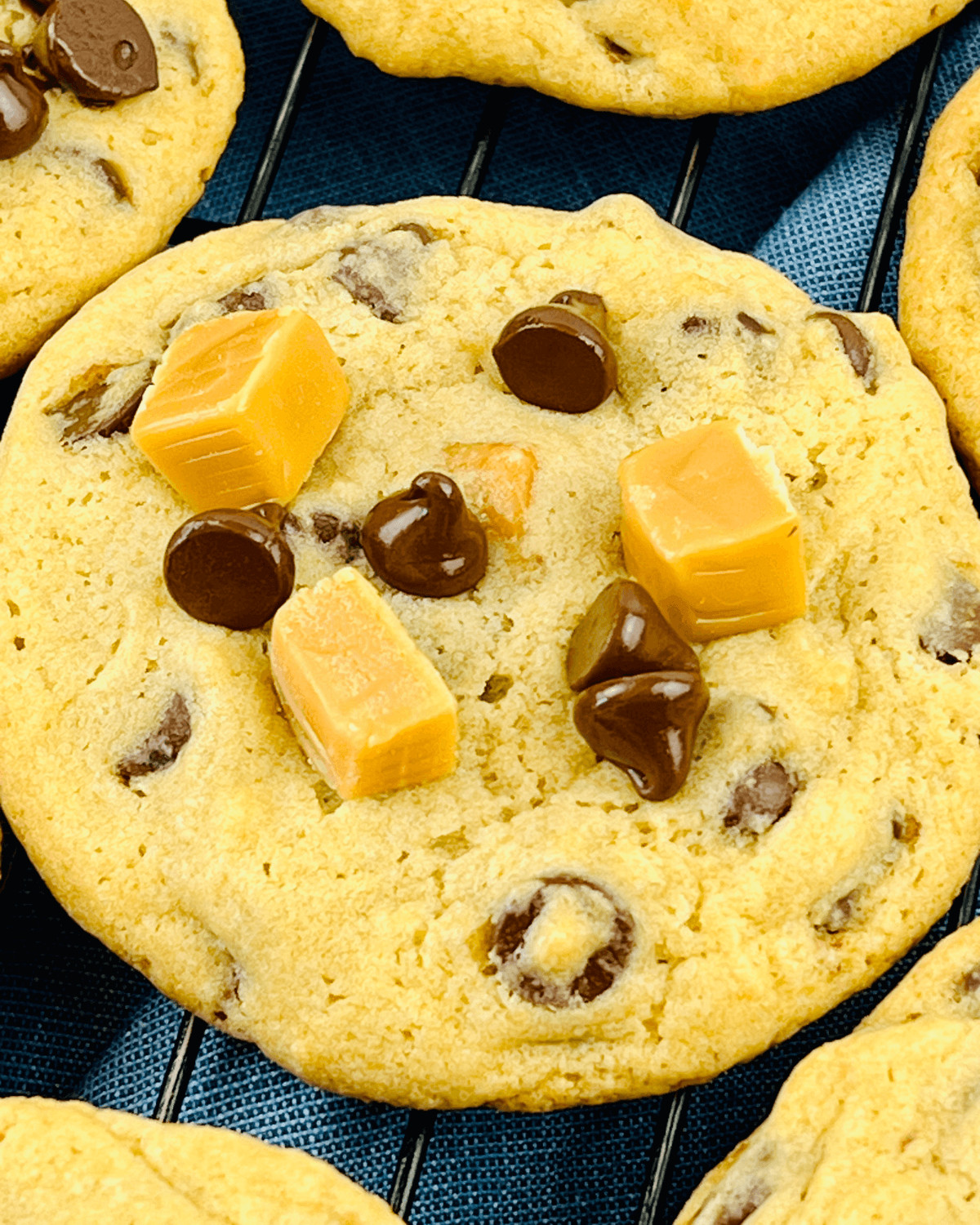 Caramel Chocolate Chip Cookies in close up.