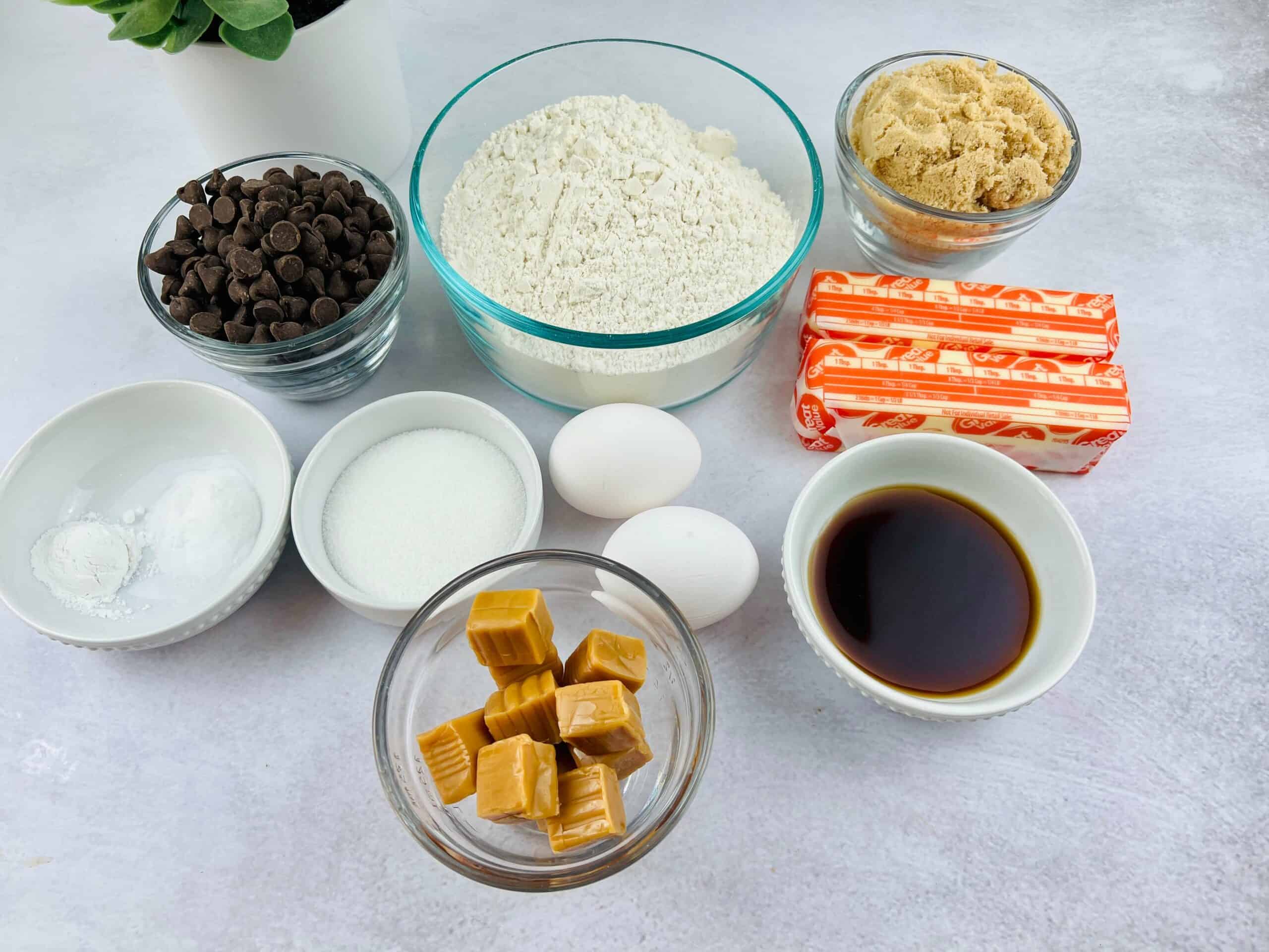 Flour, sugar and ingredients for the treat.