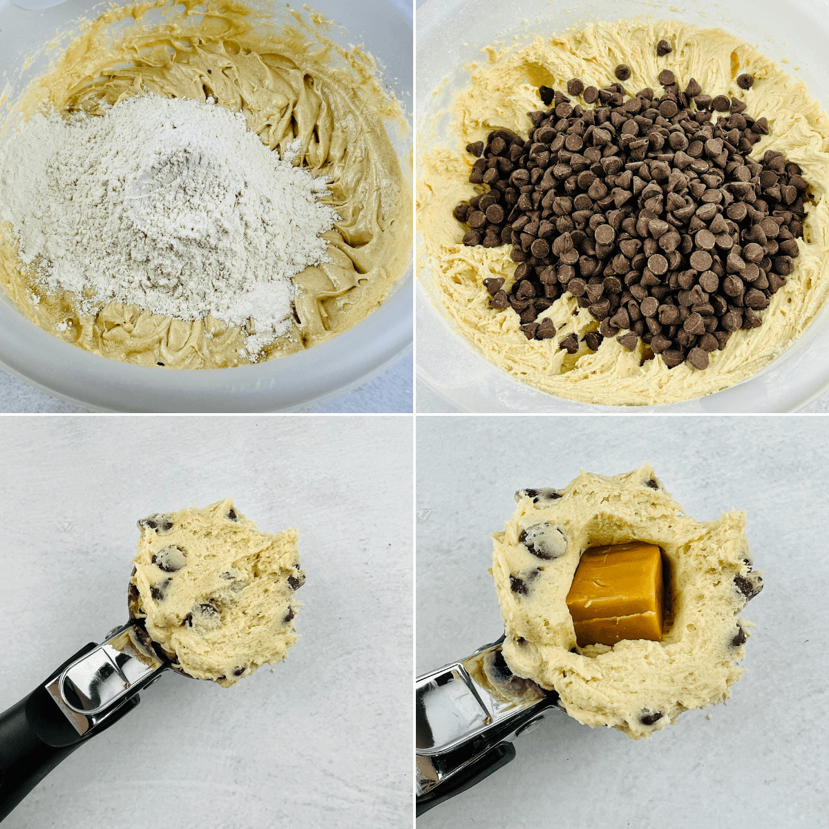 Adding the chocolate and the caramel to the dough.