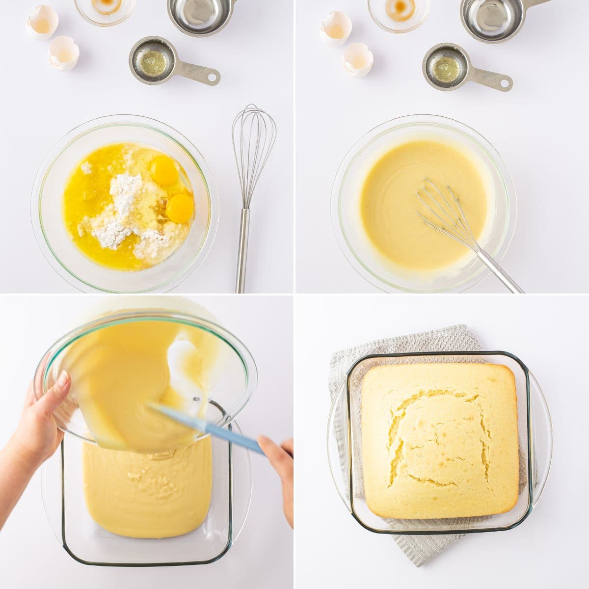 Making the cake batter and baking.