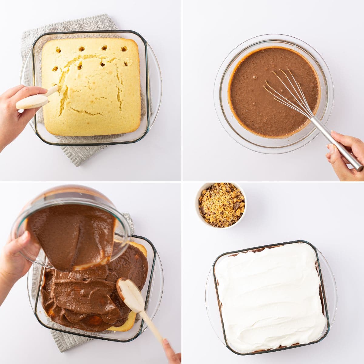 Poking wholes in the finished cake and then topping with the cool whip and butterfingers.