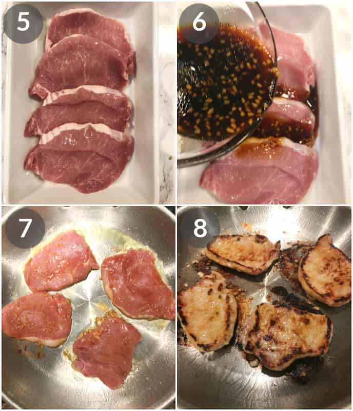step by step on how to add the marinade. starting with a shallow baking sheet with pork chops and half the marinade. 