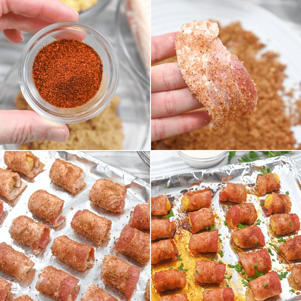 A series of photos showing how to make bacon wrapped tater tots with a twist featuring bacon.