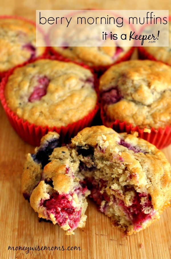 Berry Morning Muffins on wooden table. 