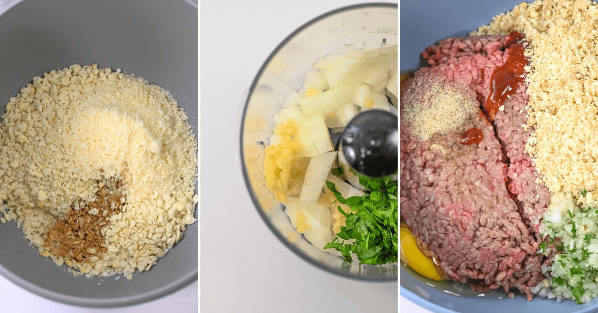 Three images depict the process of making bbq meatloaf meatballs: mixing breadcrumbs and spices, blending onions and herbs, and combining ground beef with the mixture and seasonings.