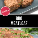 A plate of succulent bbq meatloaf slices glistening with glaze, garnished with fresh parsley.