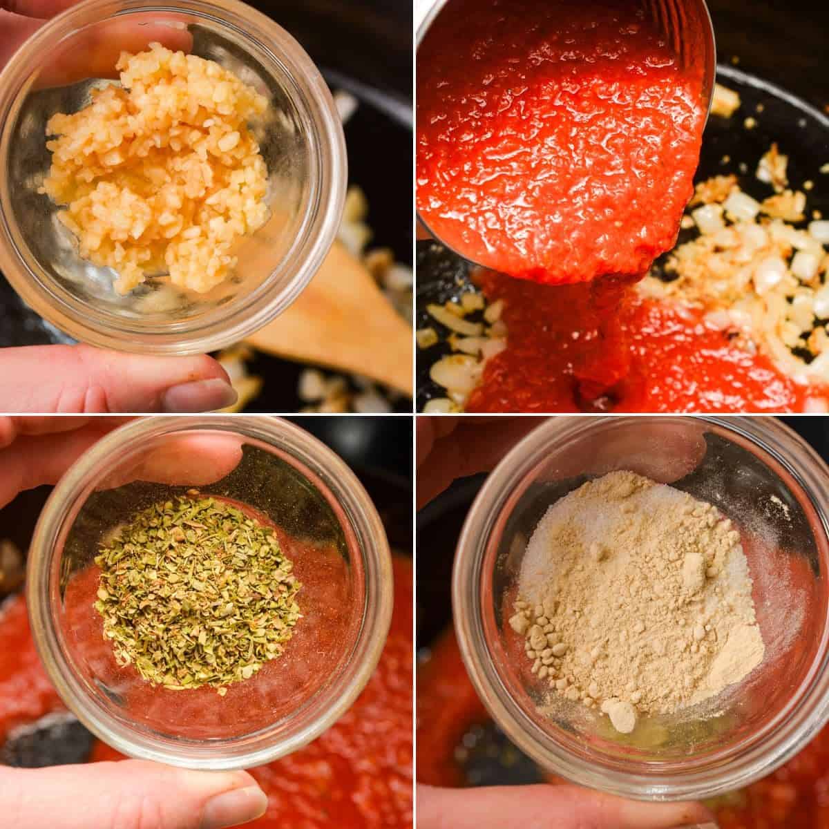 Four photos show minced garlic, crushed tomatoes, dried oregano, and ground spices being added to a pan while creating a hearty marinara sauce.