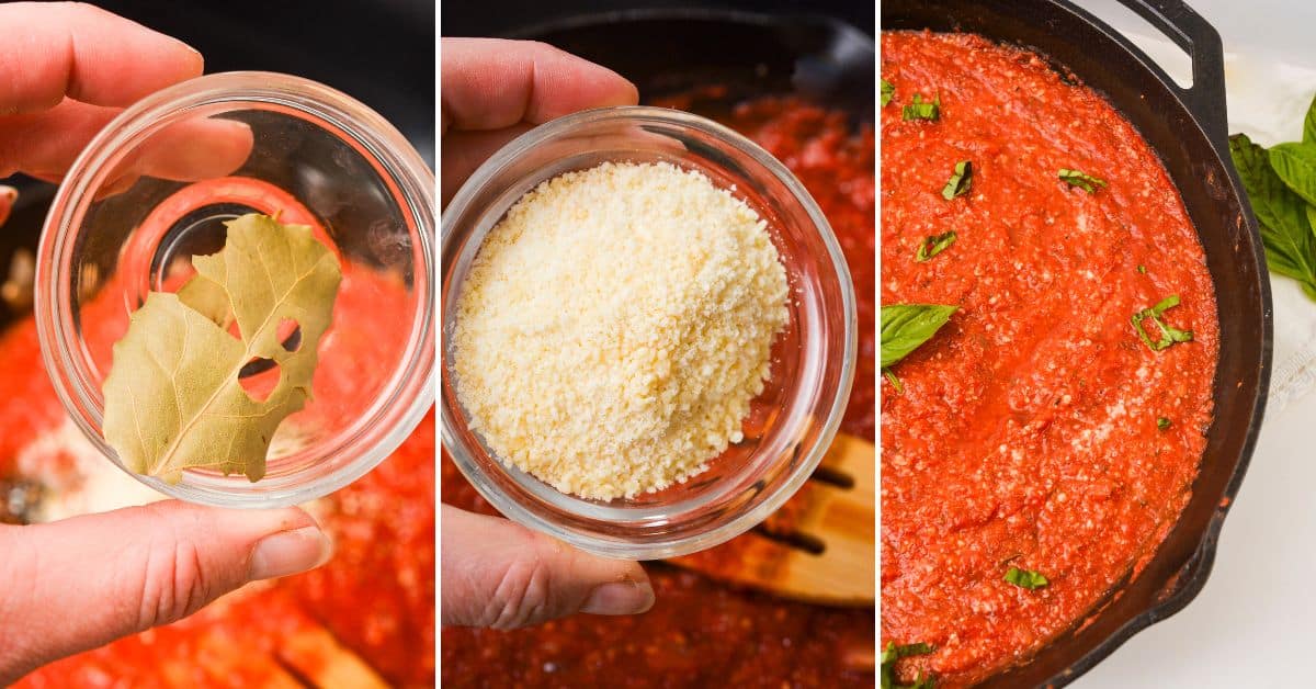 Three panels show: a hand holding bay leaves over a pot of Hearty Marinara Sauce, grated cheese being added, and the finished sauce garnished with basil in a cast iron skillet.