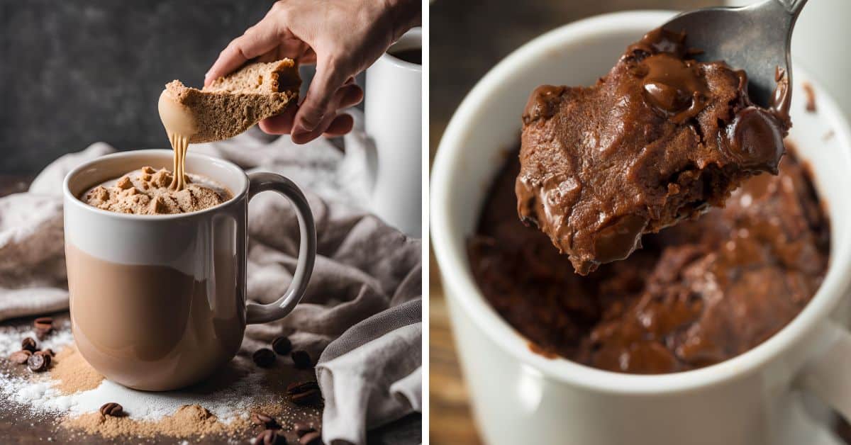 Left image: Someone dipping bread into a mug of coffee with frothy milk. Right image: A spoonful of chocolate chip mug cake, rich and decadent, waiting to be savored.