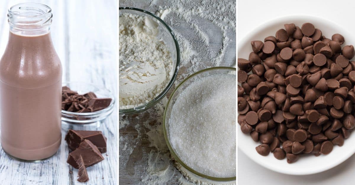 A bottle of chocolate milk, bowls of flour and sugar, and a sprinkle of chocolate chips create the perfect setting for a quick chocolate chip mug cake on a light surface.