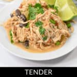 A plate showcasing delicious Slow Cooker Mexican Chicken, beautifully shredded and garnished with fresh lime wedges and vibrant cilantro.