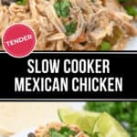 A plate of Slow Cooker Mexican Chicken, shredded and garnished with cilantro and lime wedges, served on a pristine white plate.