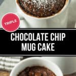 Two delightful chocolate chip mug cakes: one is generously sprinkled with powdered sugar, while the other is adorned with extra chocolate chips for that double chocolate delight.