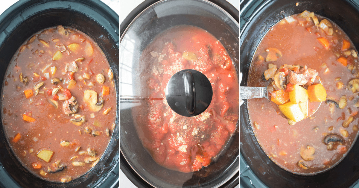 Pictures of Crock Pot Beef Stew before and after cooking.