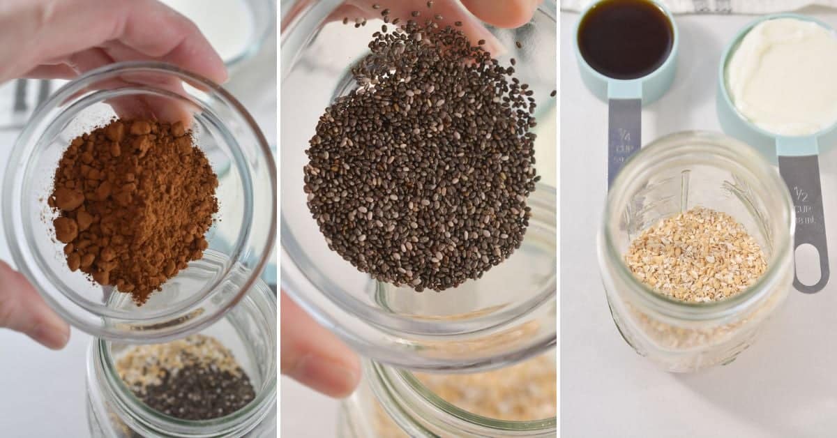 Three images show jars being filled with cocoa powder, chia seeds, and oats with measuring cups of maple syrup and yogurt nearby on the right.