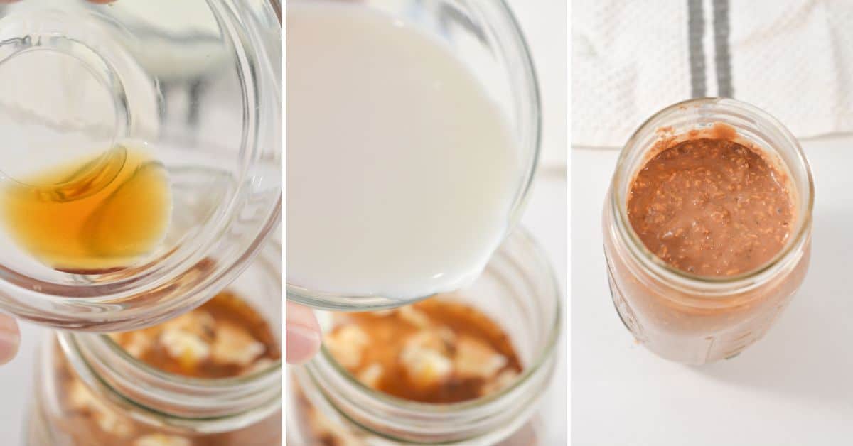 Three-panel image showing: pouring vanilla extract into a jar, adding milk into the same jar, and a filled jar of tiramisu overnight oats.