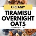 A jar of creamy Tiramisu Overnight Oats topped with blueberries and pecans, with a spoonful lifted above the jar.