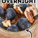A jar of Tiramisu Overnight Oats topped with fresh blueberries and pecan pieces, with text labels highlighting its creamy texture.