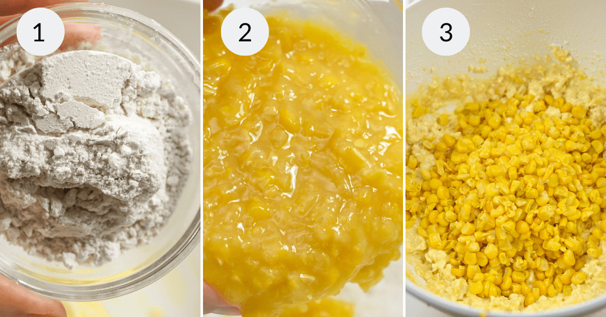 Three-step food preparation: 1) measuring flour in a clear container, 2) whisked eggs in a bowl, 3) corn kernels mixed with batter for Mexican Corn Cake in a mixing